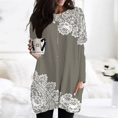 

Women's Casual Dress Short Mini Dress Short Mini Dress Army Green Long Sleeve Floral Pocket Print Fall Winter Round Neck Casual 2022 XS S M L XL XXL 3XL 4XL 5XL 6XL