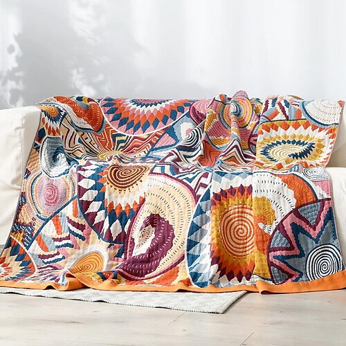 

Cotton Blanket, 8-Layer Quilt Blanket Boho Couch/Bed Throw Towel Farmhouse for Single/Twin/Full/Double Size, Stripe Breathable Machine Washable Cooling Blankets for Summer