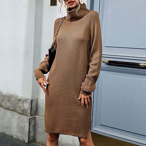 

Women's Sweater Dress Winter Dress Casual Dress Brown Long Sleeve Pure Color Patchwork Winter Fall Turtleneck Fashion Modern Fit 2022 S M L Winter Dress