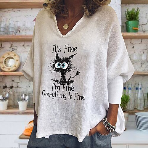 

Women's T shirt Tee White Graphic Text Print Long Sleeve Casual Weekend Basic V Neck Regular Loose Fit Painting S