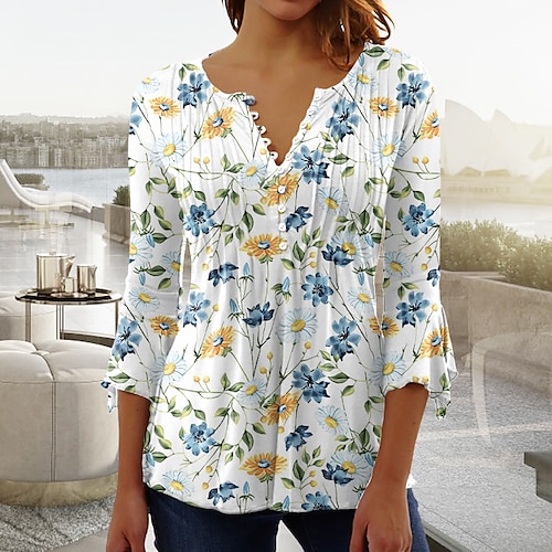 

Women's Blouse Shirt Yellow Red Floral Button Print 3/4 Length Sleeve Daily Weekend Streetwear Casual Round Neck Regular Floral S / 3D Print