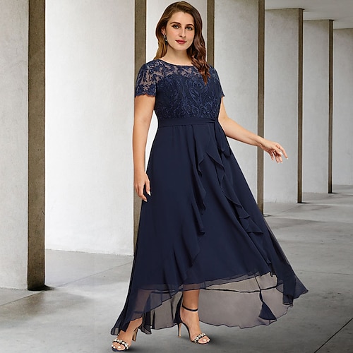 

A-Line Plus Size Curve Mother of the Bride Dresses Elegant Dress Formal Asymmetrical Short Sleeve Jewel Neck Chiffon with Ruffles Appliques 2022