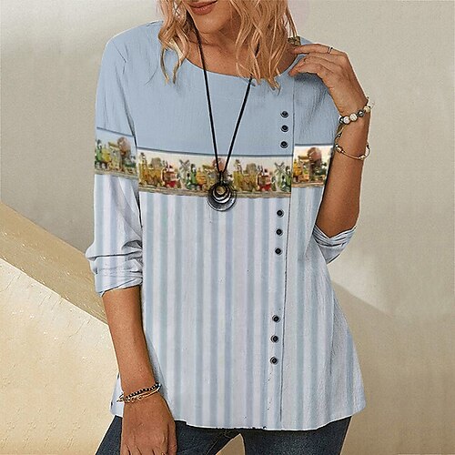 

Women's T shirt Tee Blue Graphic Striped Button Print Long Sleeve Daily Weekend Basic Round Neck Regular Geometric Painting S