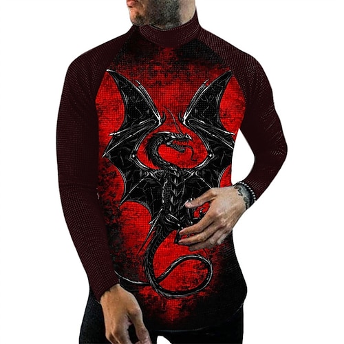 

Men's T shirt Tee Graphic Animal Turtleneck Red 3D Print Street Daily Long Sleeve Print Clothing Apparel Basic Streetwear Big and Tall Pocket / Work
