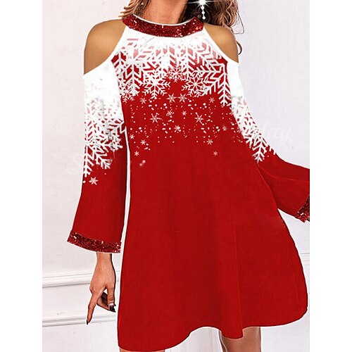 

Women's Print Dress Short Mini Dress Short Mini Dress Red Long Sleeve Snowflake Print Fall Winter Crew Neck Stylish Modern Christmas 2022 S M L XL 2XL 3XL