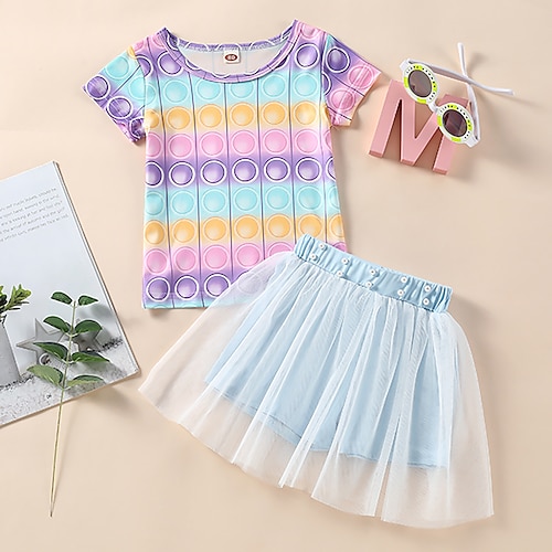 

Kids Girls' T-shirt Skirt Clothing Set 2 Pieces Short Sleeve Blue Color Block Street Vacation Cute Daily 2-6 Years