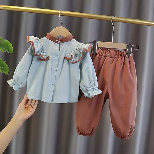 

2 Pieces Kids Girls' T-shirt & Pants Clothing Set Outfit Solid Color Long Sleeve Cotton Set Vacation Cute Sweet Winter Fall 2-6 Years Green Brown