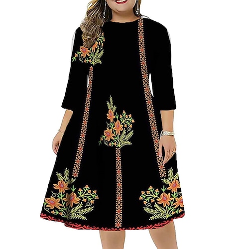 

Women's Plus Size Work Dress Floral Round Neck 3/4 Length Sleeve Fall Winter Stylish Work Midi Dress Vacation Going out Dress
