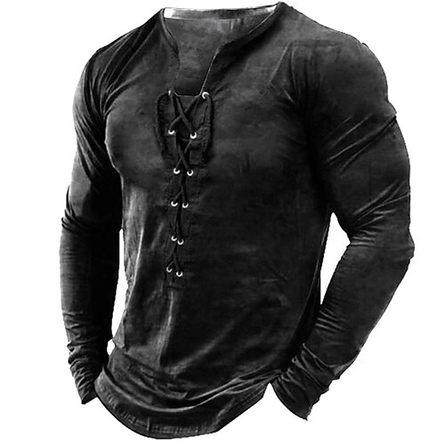

Men's T shirt Tee Solid Color V Neck Dark Green Royal Blue Brown Black 3D Print Outdoor Street Long Sleeve Lace up Clothing Apparel Basic Fashion Streetwear Designer / Sports