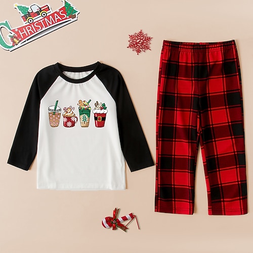 

2 Pieces Kids Unisex Christmas Clothing Set Outfit Graphic Plaid Christmas Tree Long Sleeve Patchwork Set Indoor Daily Casual Fall Spring 2-8 Years Black