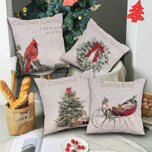 

Christmas Party Double Side Throw Pillow Cover 4PC Wreath Noel Snowman Soft Decorative Square Cushion Pillowcase for Bedroom Livingroom Sofa Couch Chair Machine Washable
