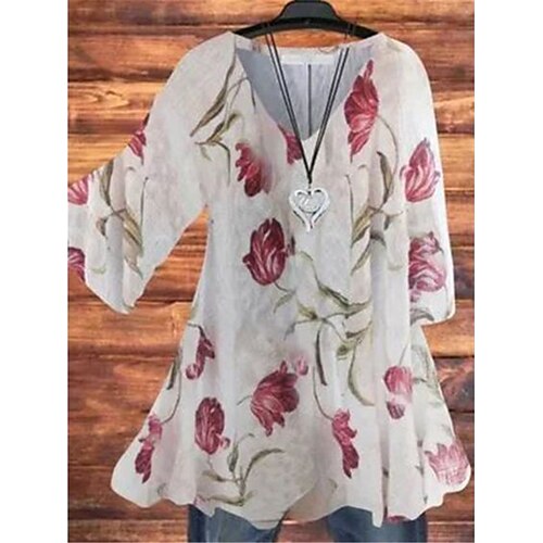 

Women's Blouse Shirt Tunic Blue Pink Yellow Floral Feather Flowing tunic Print Long Sleeve Holiday Weekend Streetwear Casual V Neck Long Floral S