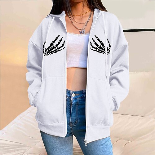 

Women's Casual Jacket Windproof Warm Outdoor Halloween Street Sport Zipper Pocket Full Zip Print Zipper Hoodie Street Style Halloween Skull Regular Fit Outerwear Long Sleeve Winter Fall Black Gray