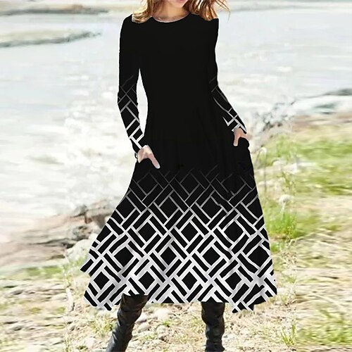 

Women's Casual Dress A Line Dress Midi Dress Black Long Sleeve Geometric Pocket Print Fall Winter Round Neck Vacation Casual 2022 S M L XL XXL 3XL
