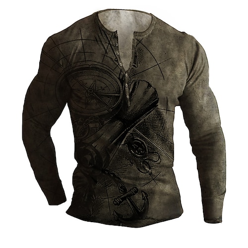 

Men's T shirt Tee Henley Shirt Tee Graphic Compass Henley Brown 3D Print Plus Size Outdoor Daily Long Sleeve Button-Down Print Clothing Apparel Basic Designer Classic Comfortable / Sports