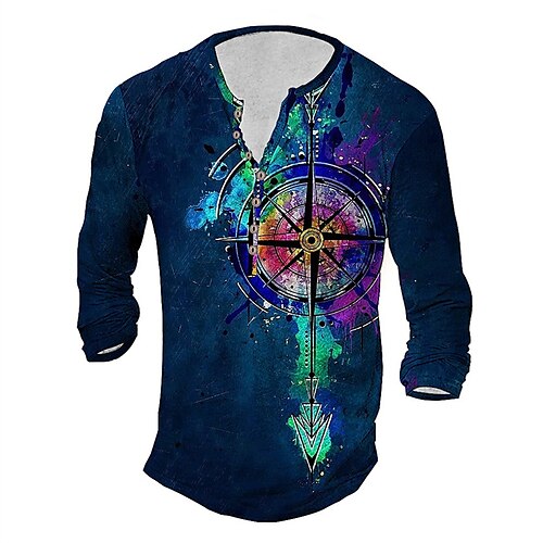 

Men's T shirt Tee Henley Shirt Tee Graphic Tribal Henley Blue Dusty Blue 3D Print Plus Size Outdoor Daily Long Sleeve Button-Down Print Clothing Apparel Basic Designer Classic Comfortable / Sports