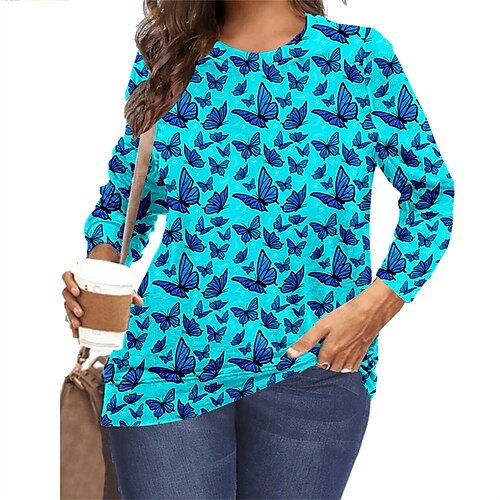 

Women's Plus Size Tops T shirt Tee Floral Butterfly Print Long Sleeve Round Neck Casual Daily Vacation Polyester Fall Winter White Blue