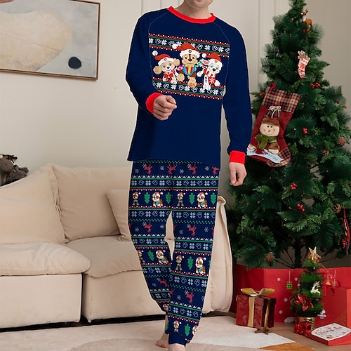 

Men's Christmas Pajamas Sleepwear Pajama Set Pajama Top and Pant 2 Pieces Cartoon Dog Fashion Comfort Soft Home Christmas Bed Cotton Blend Breathable Crew Neck Long Sleeve Basic Winter Fall Blue