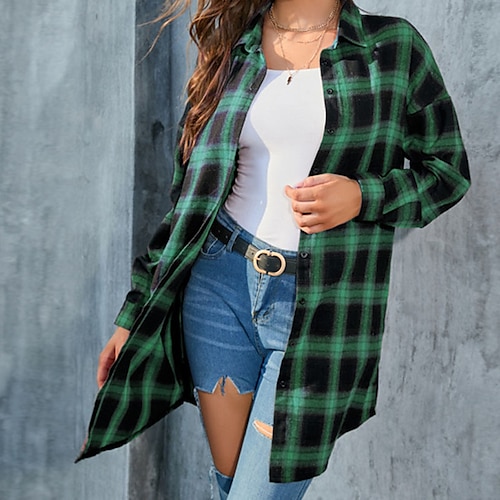 

Women's Casual Jacket Warm Comfortable Outdoor Daily Wear Going out Casual Daily Button Pocket Single Breasted Turndown Ordinary Casual Street Style Shacket Plaid Regular Fit Outerwear Long Sleeve