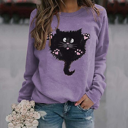 

Women's Sweatshirt Pullover Active Streetwear Monograms Print Black White Pink Cat Daily Round Neck Long Sleeve