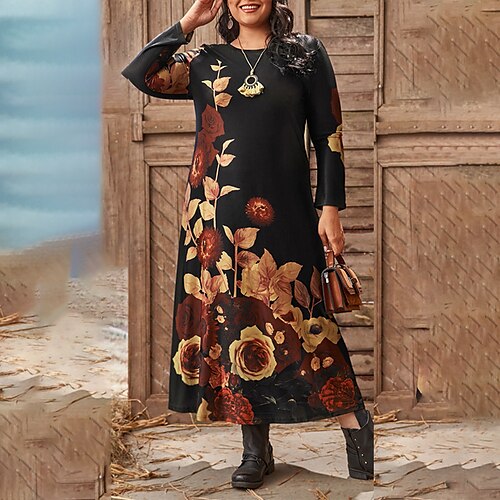 

Women's Plus Size Casual Dress Leaf Crew Neck Long Sleeve Fall Winter Stylish Casual Maxi long Dress Daily Vacation Dress