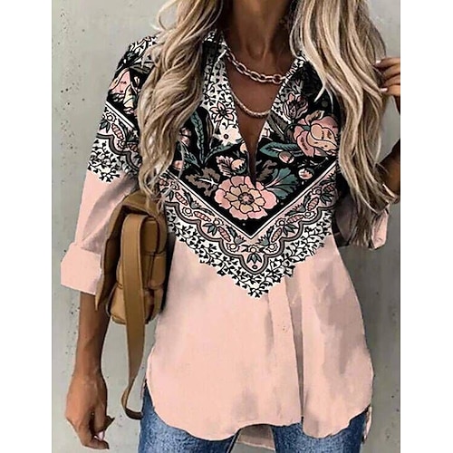 

Women's Blouse Shirt Pink Floral Print Long Sleeve Holiday Weekend Streetwear Casual Shirt Collar Regular Floral S / 3D Print