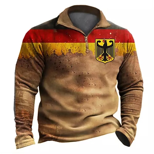 

Men's Unisex Zip Up Sweatshirt Pullover Quarter Zipper Sweatshirt Brown Half Zip Color Block Graphic Prints National Flag Zipper Print Daily Sports 3D Print Designer Casual Big and Tall Spring & Fall