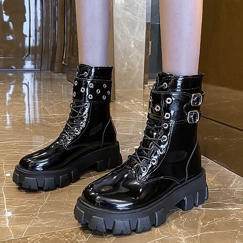 

Women's Boots Daily Combat Boots Winter Buckle Block Heel Round Toe Classic Walking Shoes PU Leather Zipper Solid Colored Black White