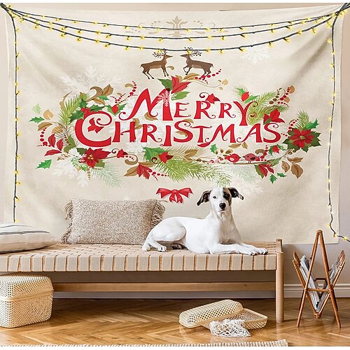 

Christmas Party Wall Tapestry Wreath Deer Art Decor Blanket Curtain Hanging Home Bedroom Living Room Decoration Polyester
