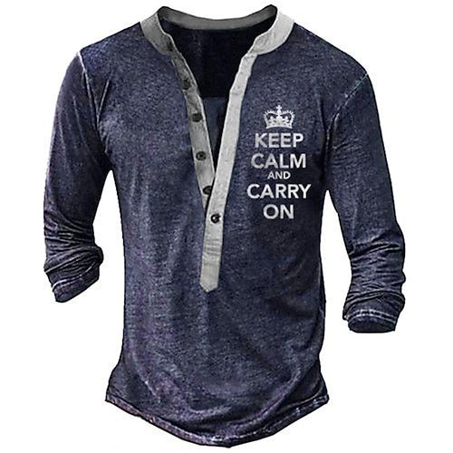 

Men's T shirt Tee Henley Shirt Tee Graphic Letter Henley Navy Blue Long Sleeve 3D Print Plus Size Outdoor Daily Button-Down Print Tops Basic Designer Classic Comfortable / Sports