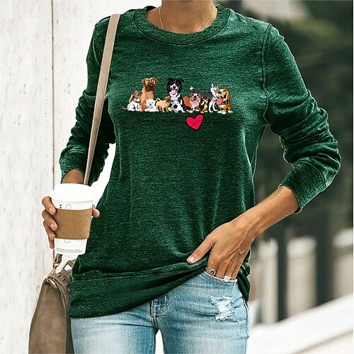 

Women's T shirt Tee Green Blue Yellow Dog Heart Print Long Sleeve Casual Daily Basic Round Neck Regular Cotton Floral S