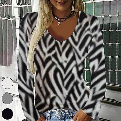 

Women's T shirt Tee Black Graphic Geometric Print Long Sleeve Casual Daily Vintage V Neck Regular Geometric Painting S / 3D Print
