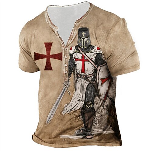 

Men's T shirt Tee Henley Shirt Tee Graphic Cross Henley Green Blue Gray Purple Brown Short Sleeve 3D Print Plus Size Outdoor Daily Button-Down Print Tops Basic Designer Casual Big and Tall / Summer