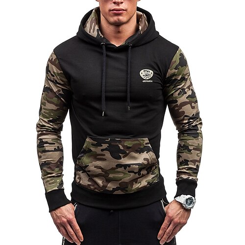 

Men's Pullover Hoodie Sweatshirt Pullover Army Green Light gray Dark Gray Black Hooded Camo / Camouflage Print Work Casual Streetwear Casual Winter Spring & Fall Clothing Apparel Hoodies Sweatshirts