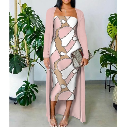 

Women's Two Piece Dress Sheath Dress Long Dress Maxi Dress Pink Long Sleeve Print Winter Fall Autumn Strapless Romantic Winter Dress Weekend Fall Dress Loose Fit 2022 S M L XL