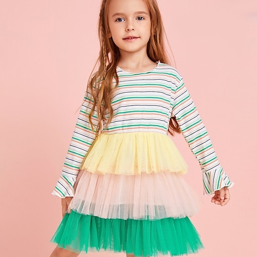 

Kids Girls' Dress Striped A Line Dress Above Knee Dress Daily Cotton Long Sleeve Beautiful Dress 1-5 Years Winter Green