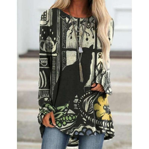 

Women's T shirt Tee Black Graphic Print Long Sleeve Casual Daily Basic Round Neck Regular Floral S / 3D Print