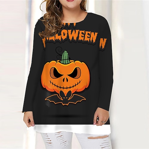

Women's Plus Size Tops T shirt Tee Letter Pumpkin Print Long Sleeve Crewneck Casual Festival Halloween Halloween Daily Cotton Spandex Jersey Fall Winter Black Yellow / 3D Print