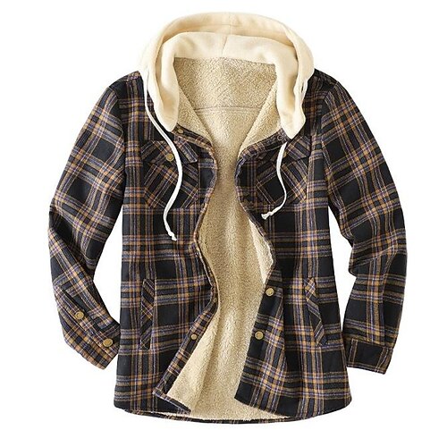 

Men's Winter Jacket Shirt Jacket Winter Coat Sherpa jacket Hoodie Jacket Flannel Jacket Warm Casual Jacket Outerwear Plaid / Check Black