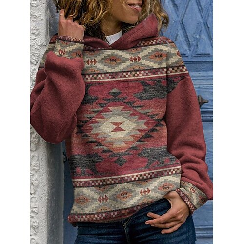 

Women's Hoodie Sweatshirt Pullover Vintage Boho Ethnic Red Graphic Geometric Casual Hoodie Long Sleeve S M L XL 2XL 3XL