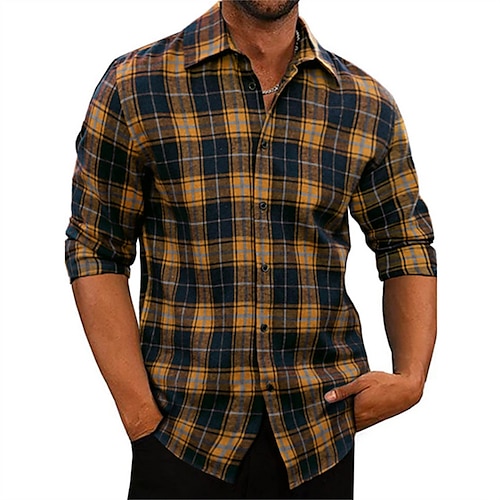 

Men's Shirt Plaid / Check Turndown Yellow Street Daily Long Sleeve Button-Down Clothing Apparel Basic Fashion Casual Comfortable