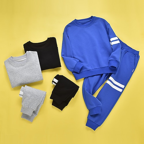 

2 Peças Infantil Para Meninos Capuz Calças Conjunto Equipamento Listra Manga Longa Algodão Definir Férias Legal Casual Primavera Verão 3-13 anos Preto Azul Cinzento