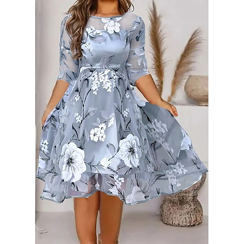 

Women's Plus Size Holiday Dress Floral Crew Neck 3/4 Length Sleeve Winter Fall Elegant Casual Midi Dress Holiday Date Dress