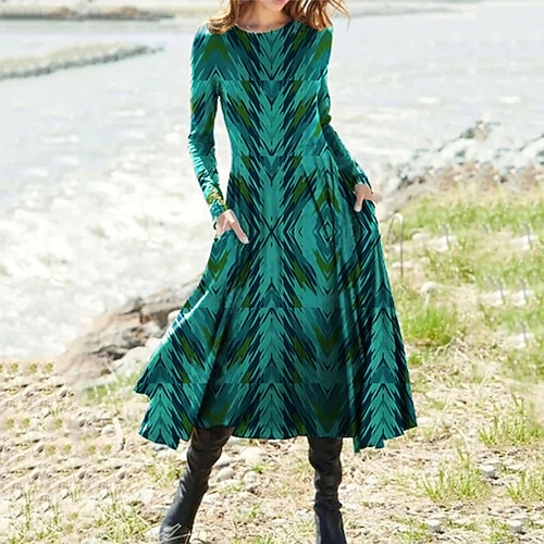 

Women's Casual Dress Swing Dress Midi Dress Green Blue Long Sleeve Geometric Pocket Winter Fall Autumn Winter Dress Fall Dress 2022 S M L XL XXL 3XL