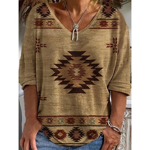 

Women's Plus Size Tops Blouse Graphic Print 3/4 Length Sleeve V Neck Casual Daily Vacation Polyester Winter Fall Brown