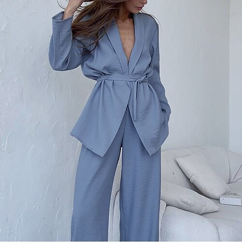 

Women's Loungewear Sets Nighty 2 Pieces Pure Color Fashion Simple Comfort Home Street Airport Polyester Breathable Lapel Long Sleeve Shirt Pant Pocket Fall Spring Blue Khaki