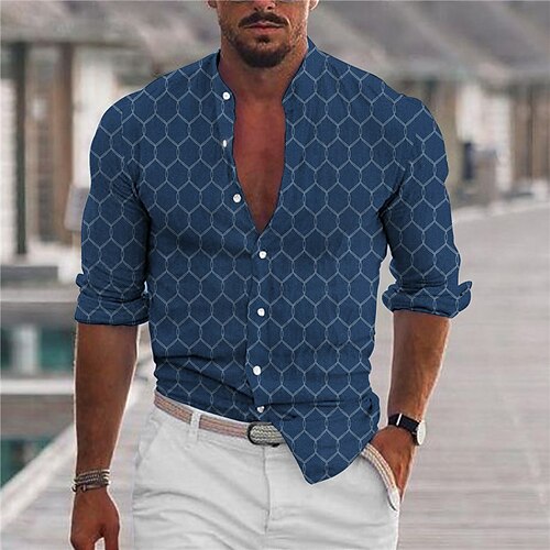 

Men's Shirt Geometry Stand Collar Blue Long Sleeve 3D Print Outdoor Casual Button-Down Print Tops Fashion Designer Casual Comfortable / Sports