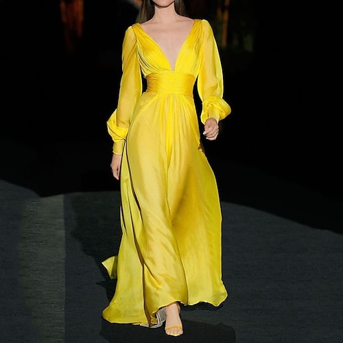 

Robe de soirée pour femme robe d'invité de mariage robe longue maxi robe jaune rouge à manches longues couleur pure patchwork hiver automne automne col en v mode robe d'hiver soirée mince 2023 s m l