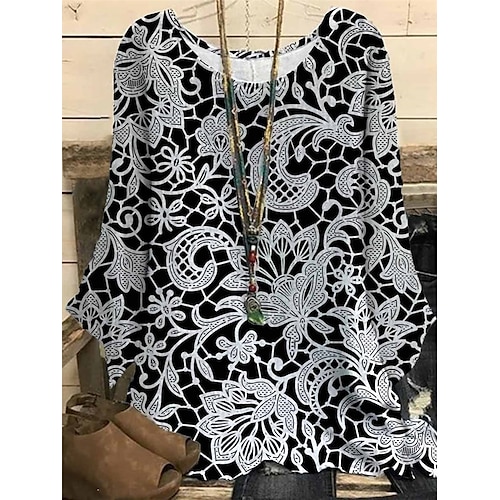 

Women's Plus Size Tops Blouse Shirt Floral Print Long Sleeve Crewneck Casual Daily Vacation Polyester Fall Winter White Black