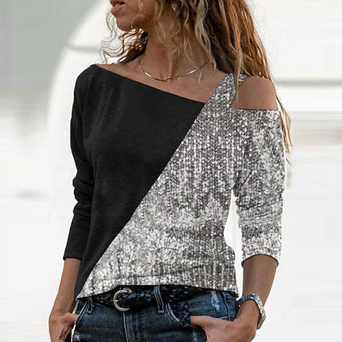 

Women's T shirt Tee Black Yellow Gold Graphic Color Block Cold Shoulder Print Long Sleeve Casual Weekend Basic One Shoulder Regular Painting S / 3D Print